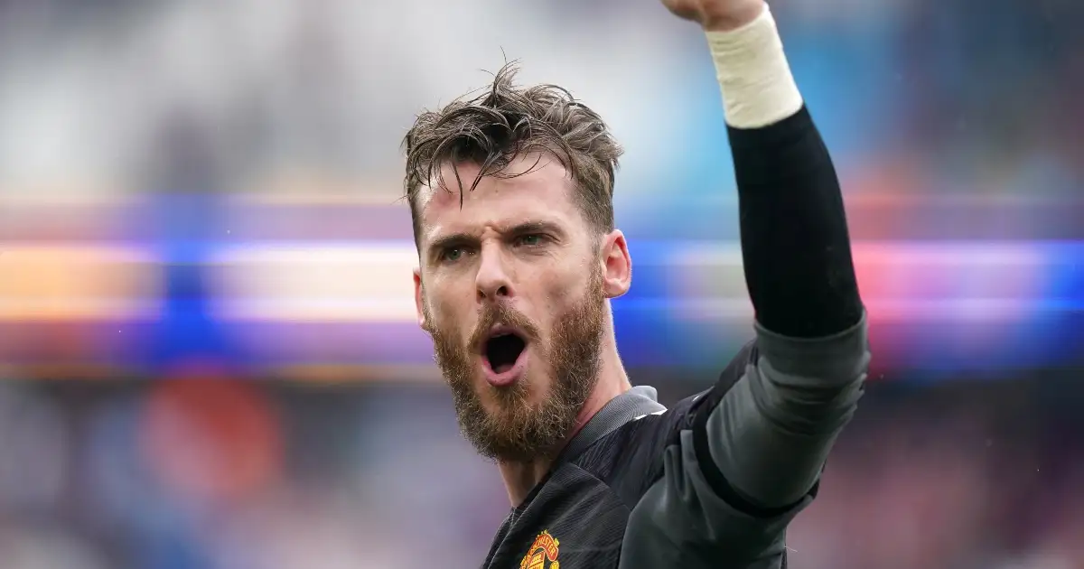 Manchester United's David de Gea celebrates after saving a penalty.