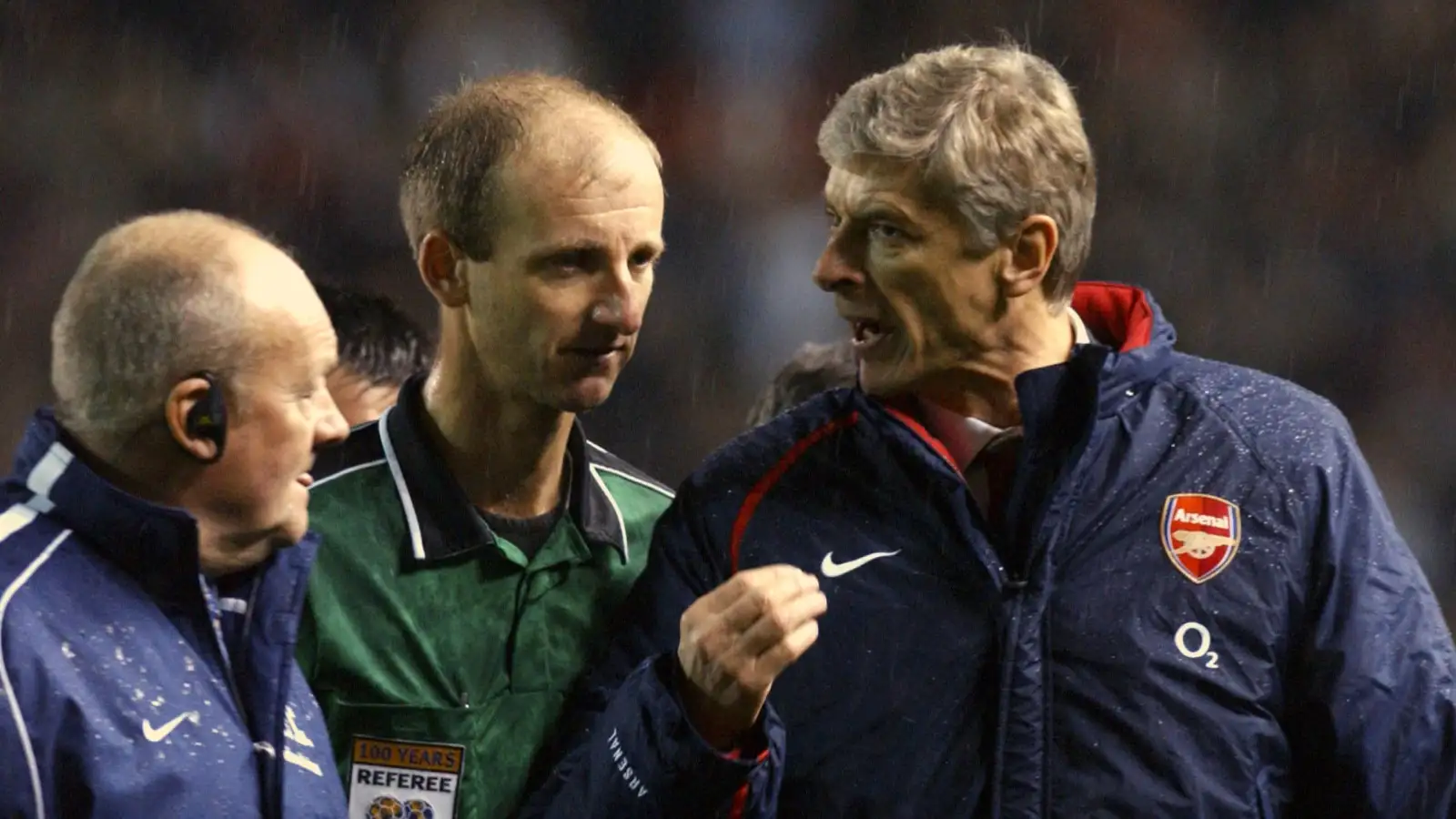 Arsenal Manager Arsene Wenger lets his feelings known to Referee Mike Riley, Old Trafford, Manchester, 24th October 2004