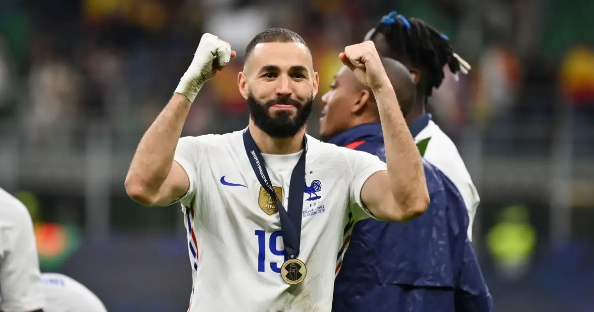 Karim Benzema celebrates after France win the UEFA Nations League.