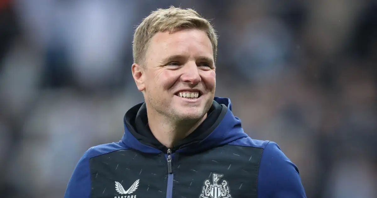 Newcastle manager Eddie Howe celebrates with the supporters at St. James' Park. May 2022.