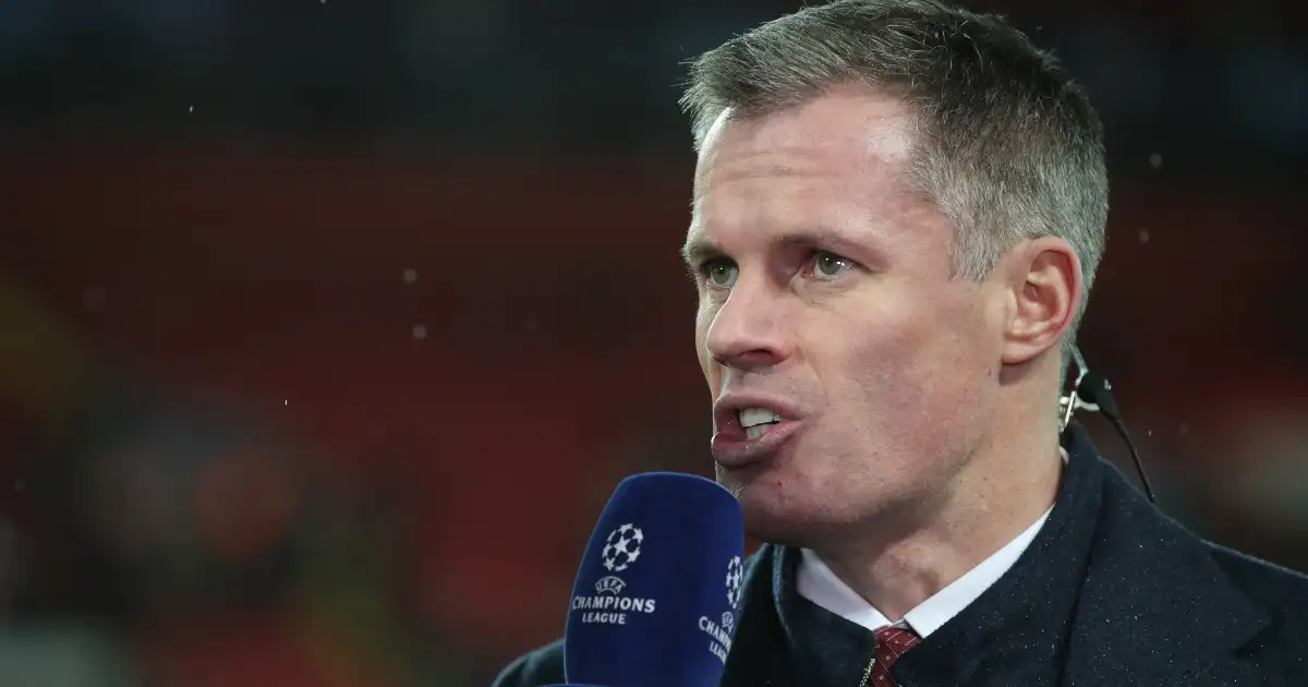 Jamie Carragher on punditry duty during the Round of 16 tie between Liverpool and Atletico Madrid in the Champions League at Anfield 19-Feb-2019