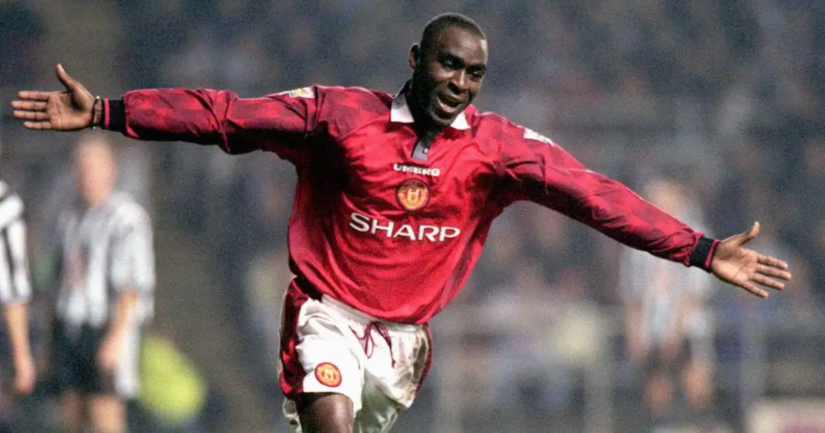 Andy Cole celebrates scoring for Manchester United against Newcastle. St James' Park, December 1997.