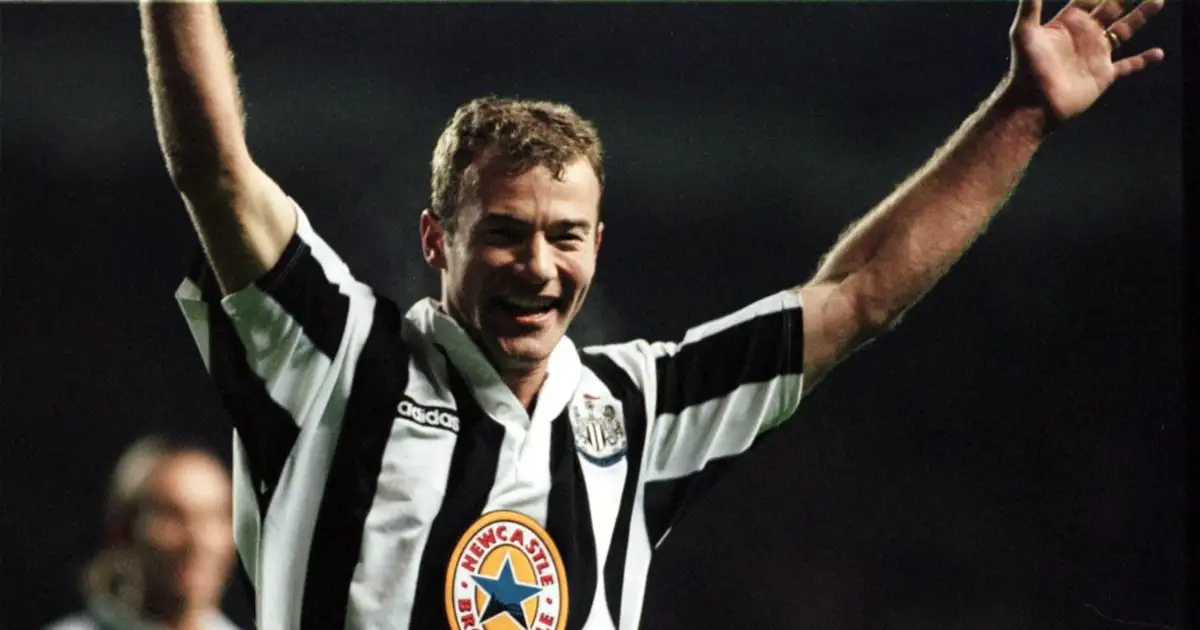 Newcastle United striker Alan Shearer celebrates scoring against Leeds United, St. James' Park, January 1997.