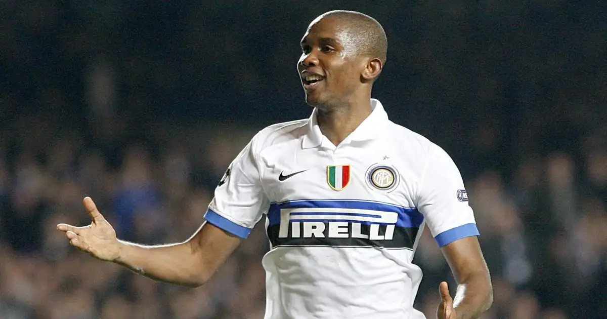 Samuel Eto'o celebrates scoring for Inter Milan against Chelsea. Stamford Bridge, London, March 2010.