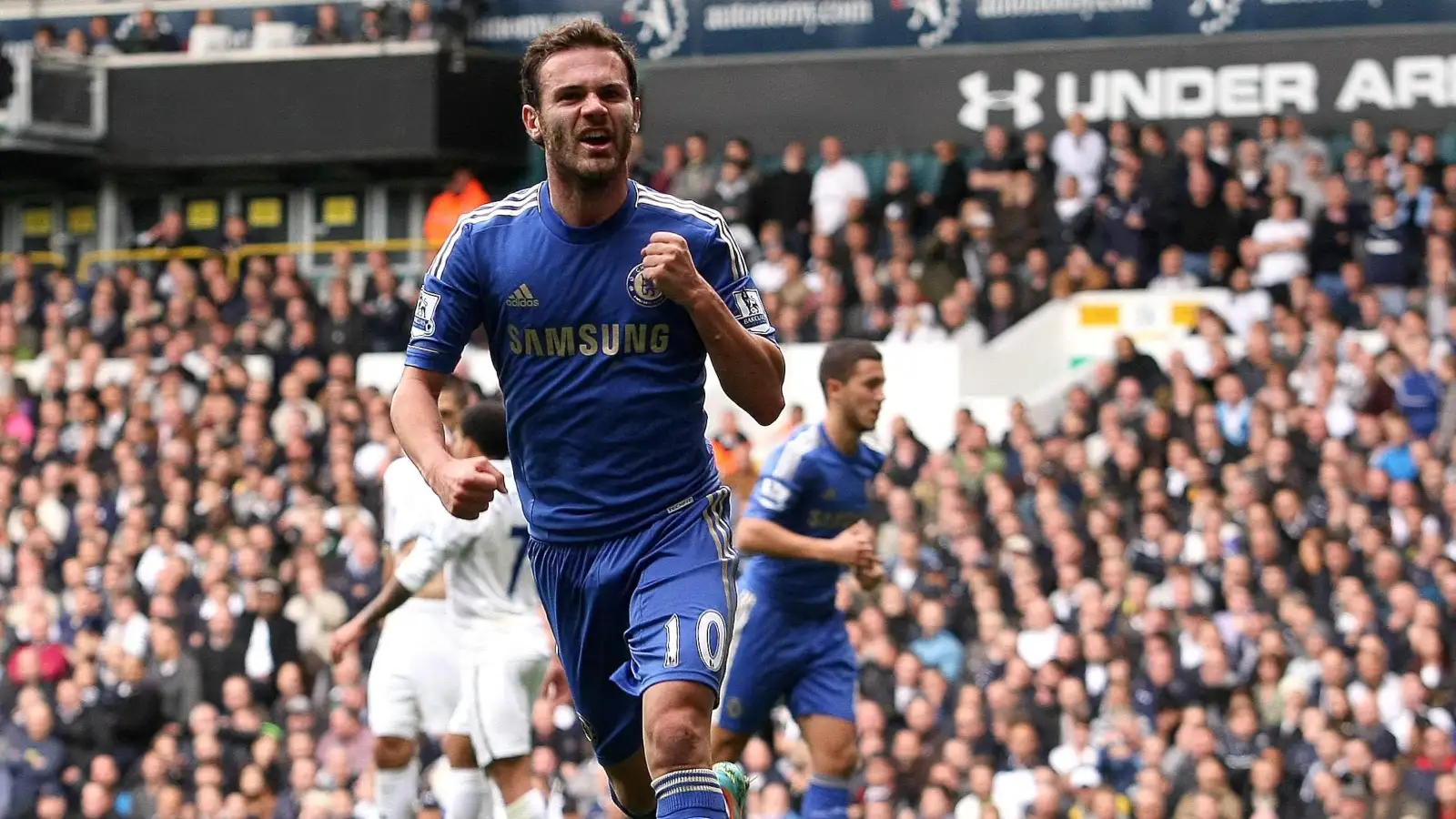 Juan Mata celebrates scoring his first goal during the Premier League match between Tottenham Hotspur and Chelsea at White Hart Lane, London, October 2012.