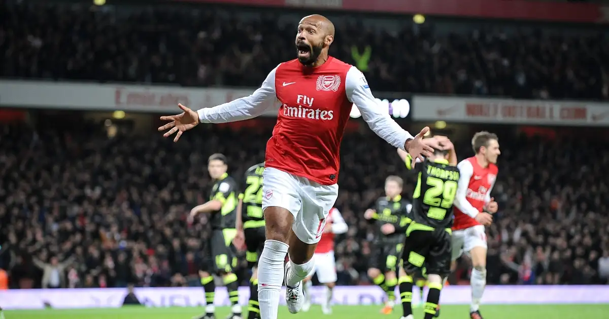 Thierry Henry celebrates after scoring for Arsenal in the FA Cup. Emirates Stadium, January 2012.