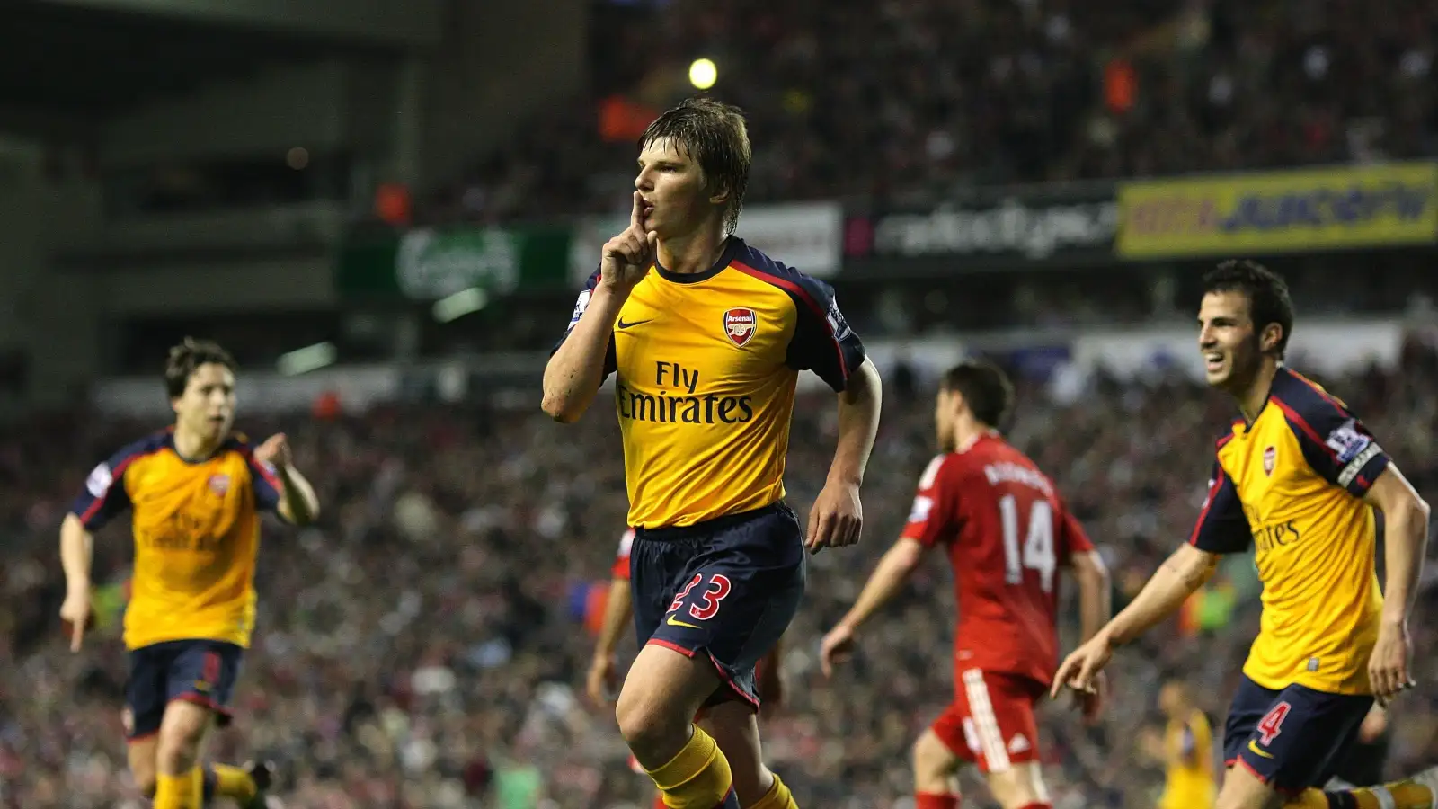 Andrey Arshavin celebrates scoring during the Premier League match between Liverpool and Arsenal at Anfield, Liverpool, April 2009.