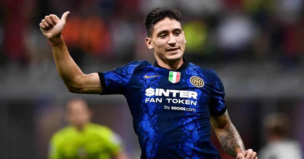 Martin Satriano with his thumb up playing for Internazionale against Genoa, 21 August 2021, San Siro.