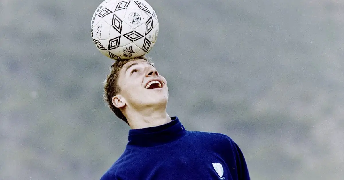 Zlatan Ibrahimovic messes around with a ball on his head at his first club Malmo. Malmo, Sweden, March 2001.