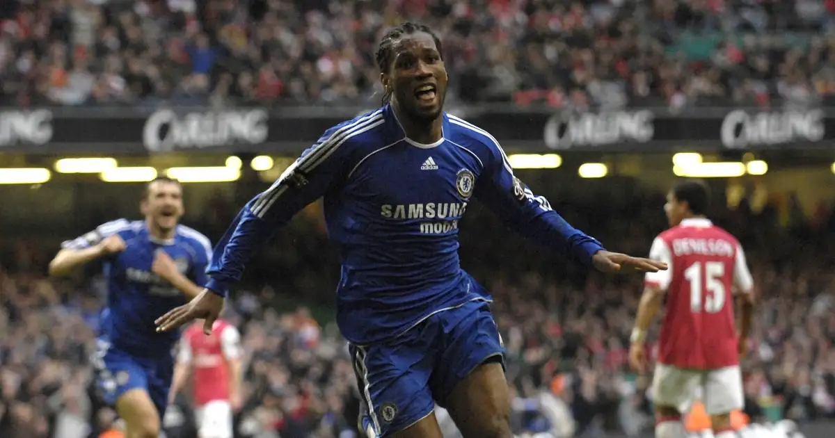 Didier Drogba celebrates after scoring for Chelsea in the League Cup final. Millennium Stadium, February 2007.