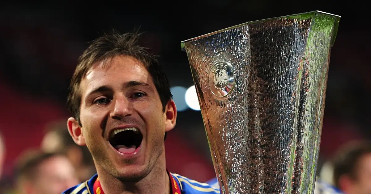 Chelsea captain Frank Lampard celebrates beating Benfica in the Europa League final, May 2013.