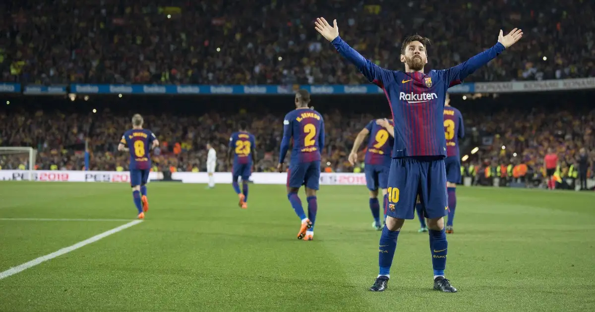 Barcelona's Lionel Messi celebrates scoring against Real Madrid, Camp Nou, Barcelona, 06 May 2018.