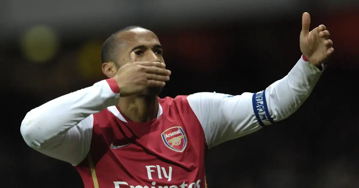 Arsenal captain Thierry Henry celebrates scoring against Manchester United, Emirates Stadium January 2007.