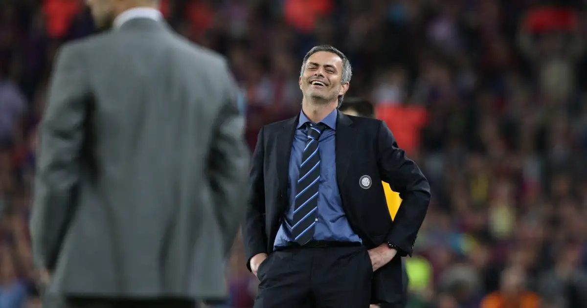 Inter Milan's coach Jose Mourinho and Pep Guardiola of Barcelona on the touchline, Champions League semi final, Camp Nou, Barcelona, 28 April 2010.