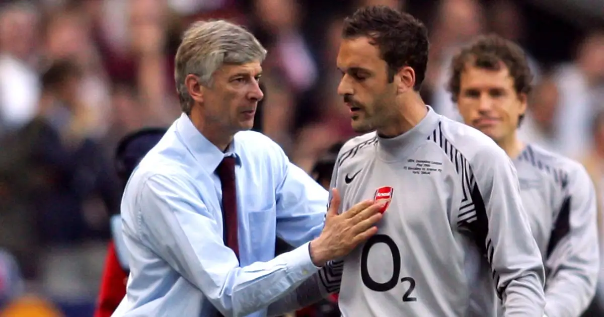 Arsenal manager Arsene Wenger has words of encouragement for goalkeeper Manuel Almunia being he is sent on to replace Jens Lehmann, Champions League Final 2006, Stade de France, Paris, 17 May 2006