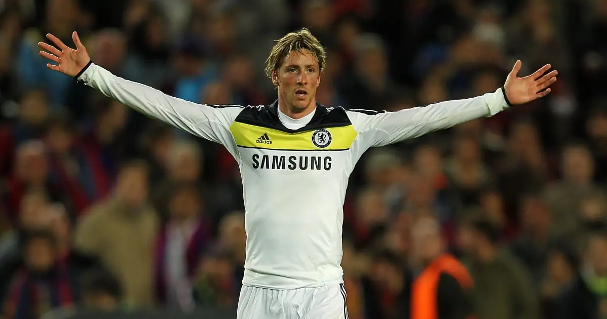 Chelsea's Fernando Torres celebrates scoring his side's second goal in the Champions League semi-final second leg away to Barcelona, 24 April 2012.