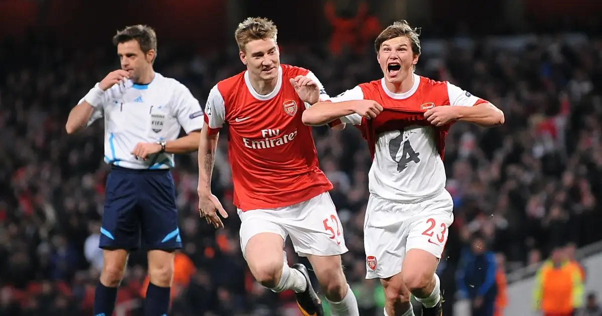 Andrey Arshavin celebrates with team-mate Nicklas Bendtner after scoring for Arsenal. Emirates Stadium, London February 2011.