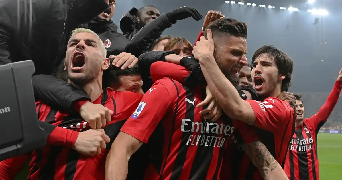 AC Milan's Olivier Giroud celebrates scoring against Inter in Milan, Italy, on Feb. 5, 2022.