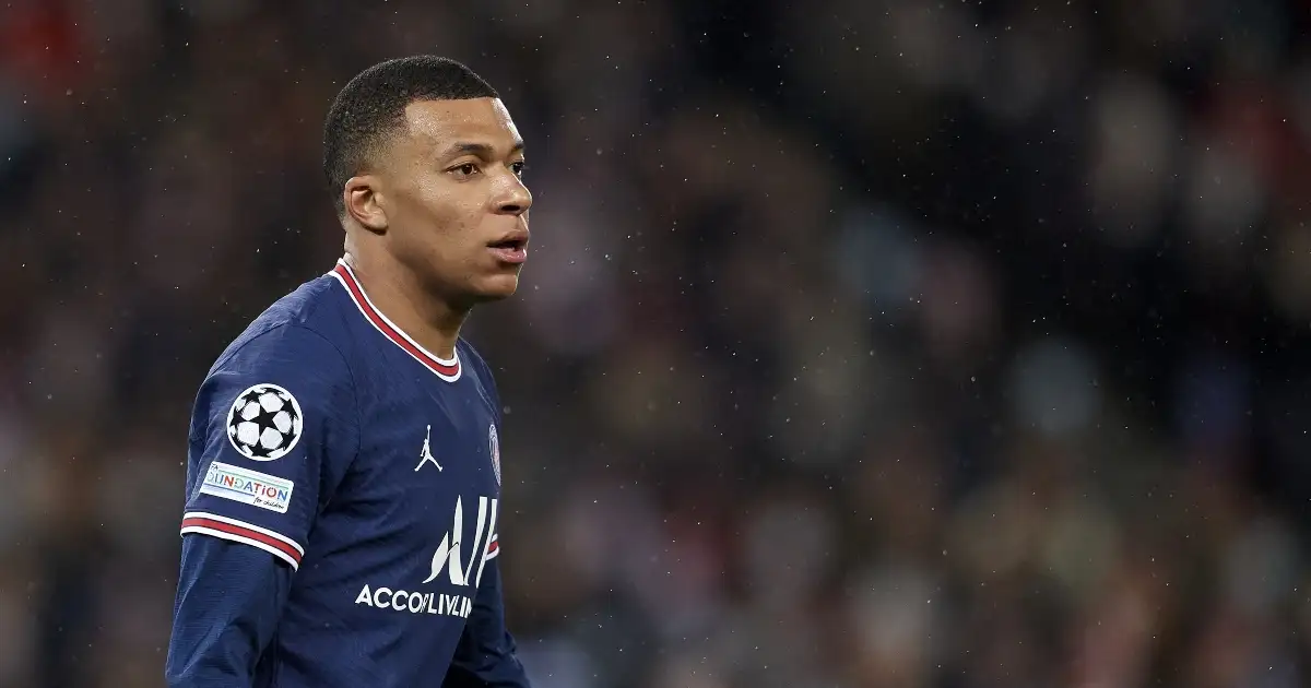 PSG forward Kylian Mbappe during their victory over Real Madrid at the Parc des Princes, Paris, February 2022.