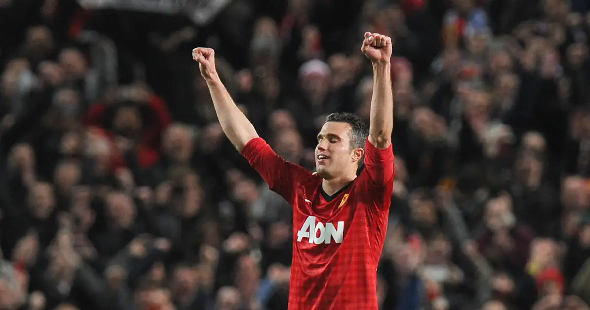 Manchester United's Robin Van Persie celebrates the final whistle against Aston Villa winning their 20th League title, Old Trafford, April 2013