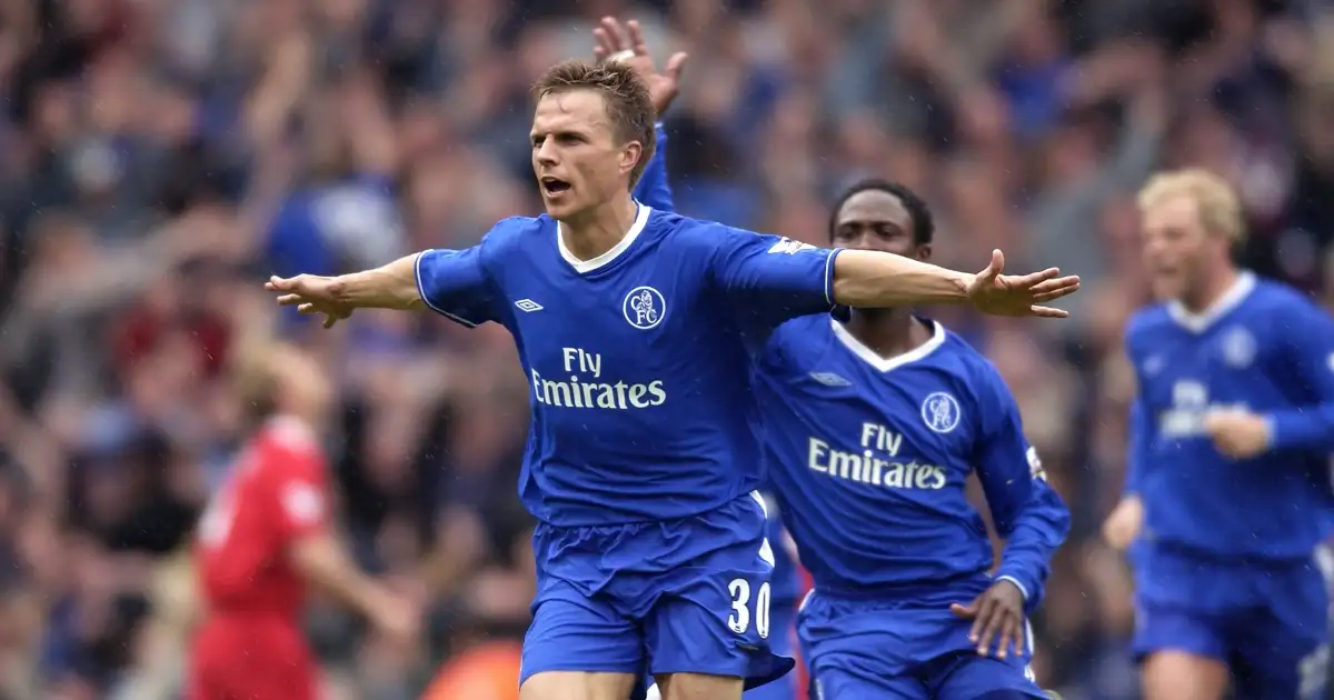 Jesper Gronkjaer celebrates after scoring for Chelsea. Stamford Bridge, May 2003.