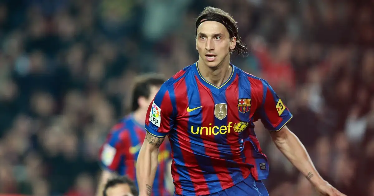 Barcelona striker Zlatan Ibrahimovic celebrates scoring against Osasuna at Camp Nou, Barcelona, March 2010.