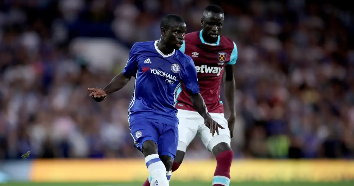 Chelsea's N'Golo Kante (left) and West Ham United's Cheikhou Kouyate battle for the ball at Stamford Bridge. August 2016.