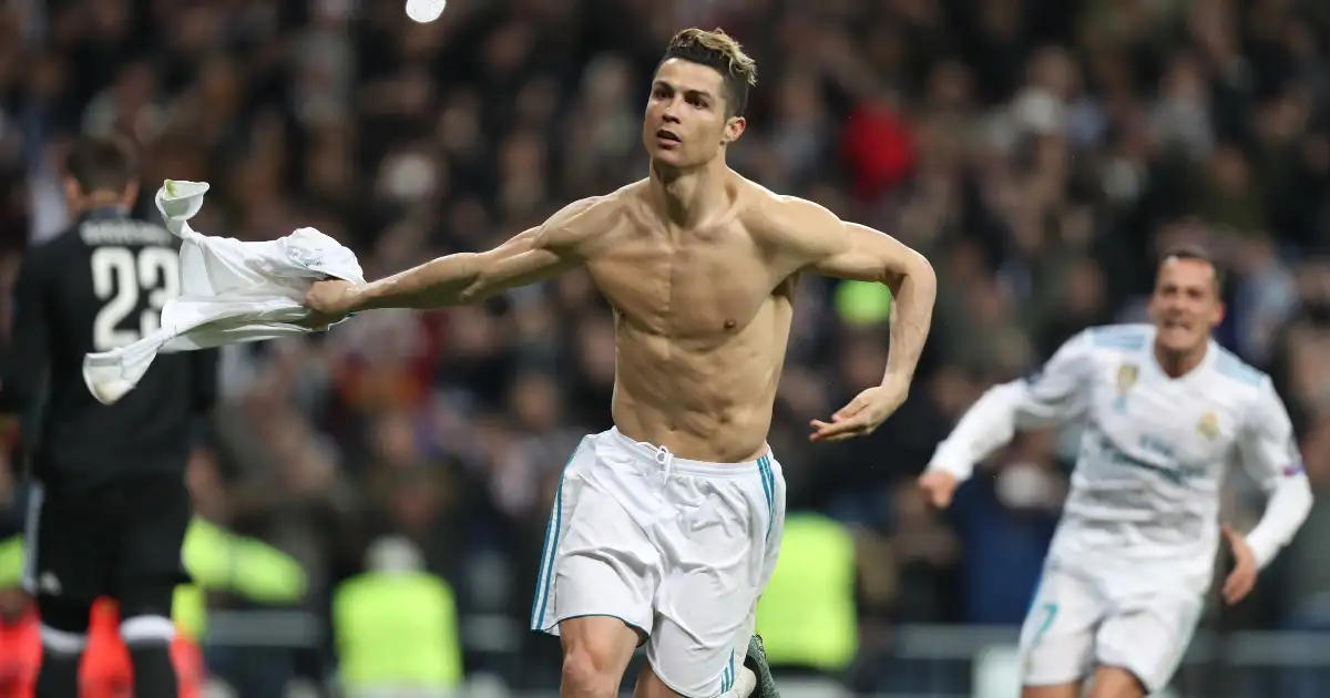 Real Madrid's Cristiano Ronaldo celebrates scoring against Juventus FC on April 11, 2018 at Santiago Bernabeu stadium in Madrid, Spain