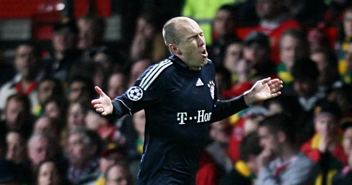 Bayern Munich's Arjen Robben celebrates scoring his sides second goal of the game against Manchester United. Old Trafford, April 2010.