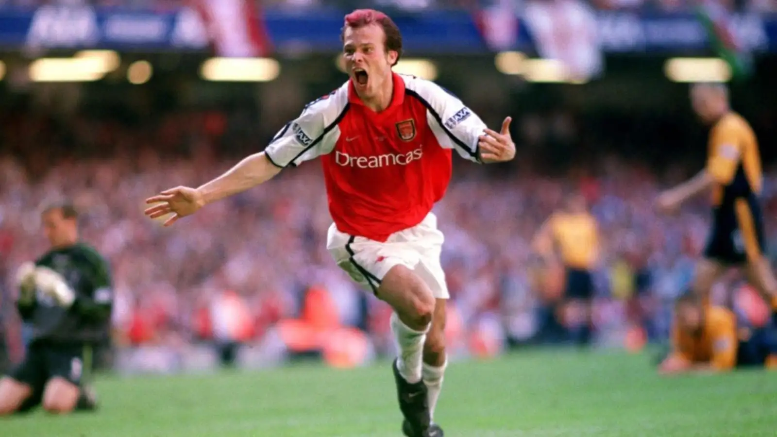 Freddie Ljungberg celebrates scoring against Liverpool. Millennium Stadium, Cardiff, May 2001.