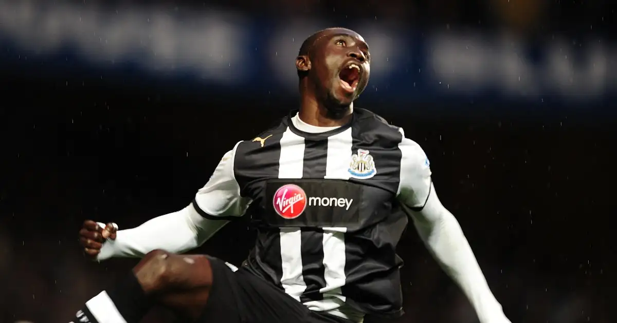 Papiss Cisse celebrates scoring for Newcastle against Chelsea, London, Stamford Bridge, 2 May 2012.