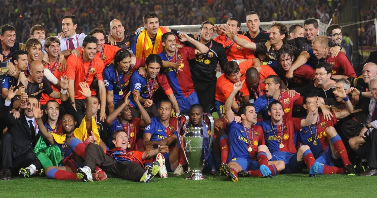 Barcelona players celebrate with the trophy after the UEFA Champions League Final vs Manchester United at the Stadio Olimpico in Rome, Italy on May 27, 2009.