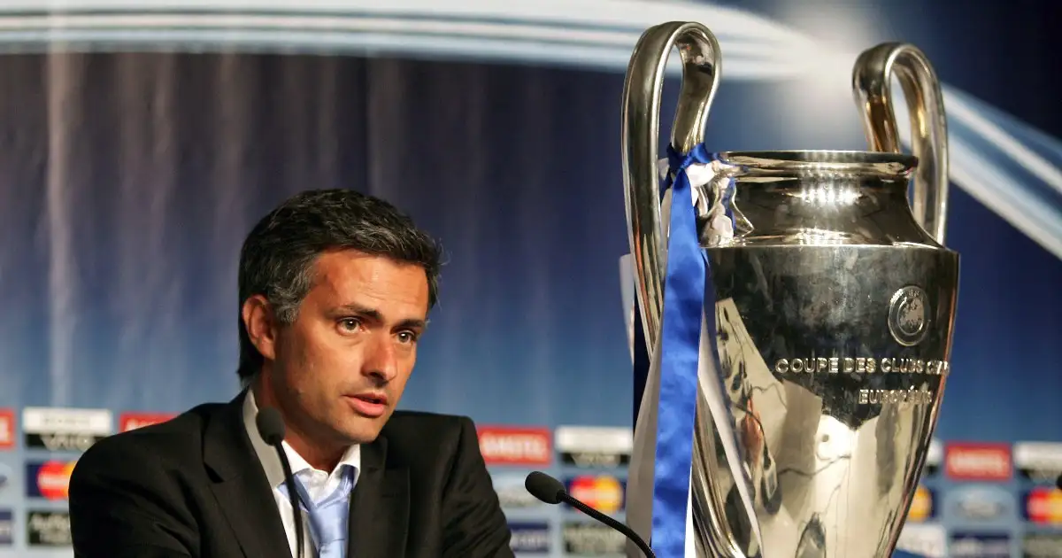 Jose Mourinho with the Champions League trophy after Porto won the competition, Gelsenkirchen, Arena AufSchalke, 26 May 2004 .