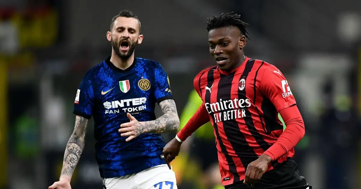 Rafael Leao of AC Milan and Marcelo Brozovic of FC Internazionale during the Coppa Italia semi-final. Milan, Italy. 01 March 2022.