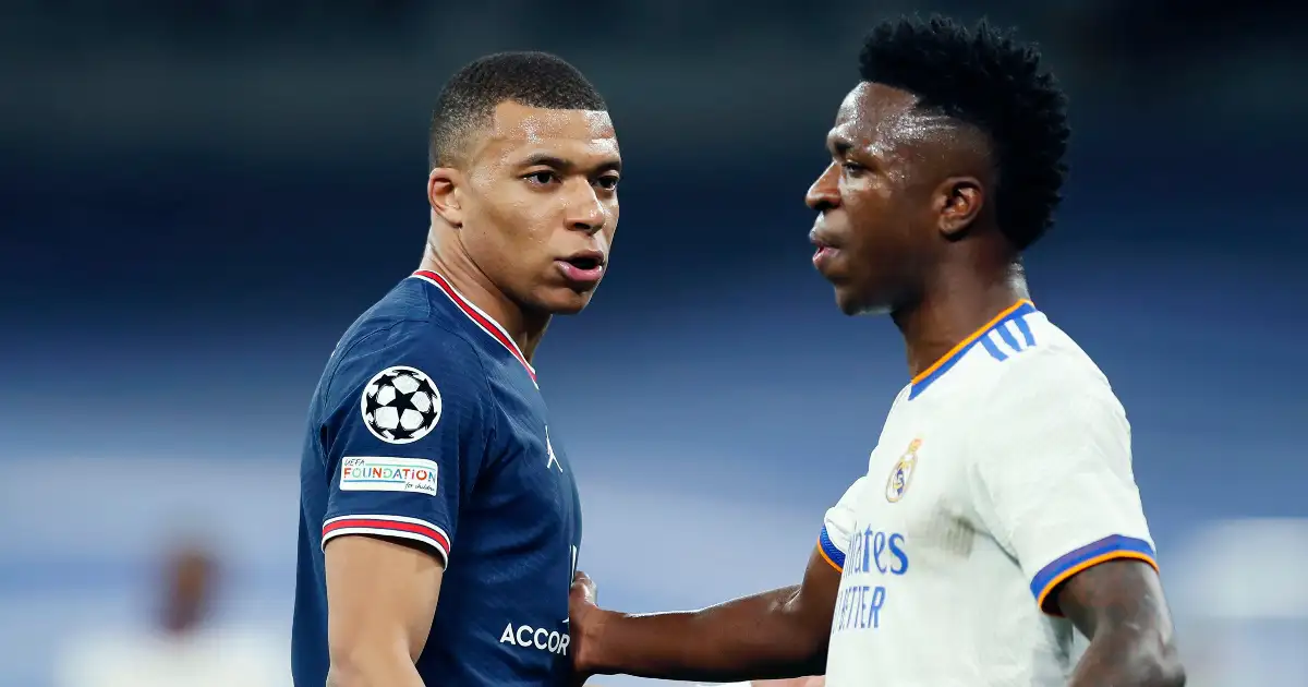 Kylian Mbappe of PSG and Vinicius Junior of Real Madrid during a Champions League game, Santiago Bernabeu, Madrid, March 2022