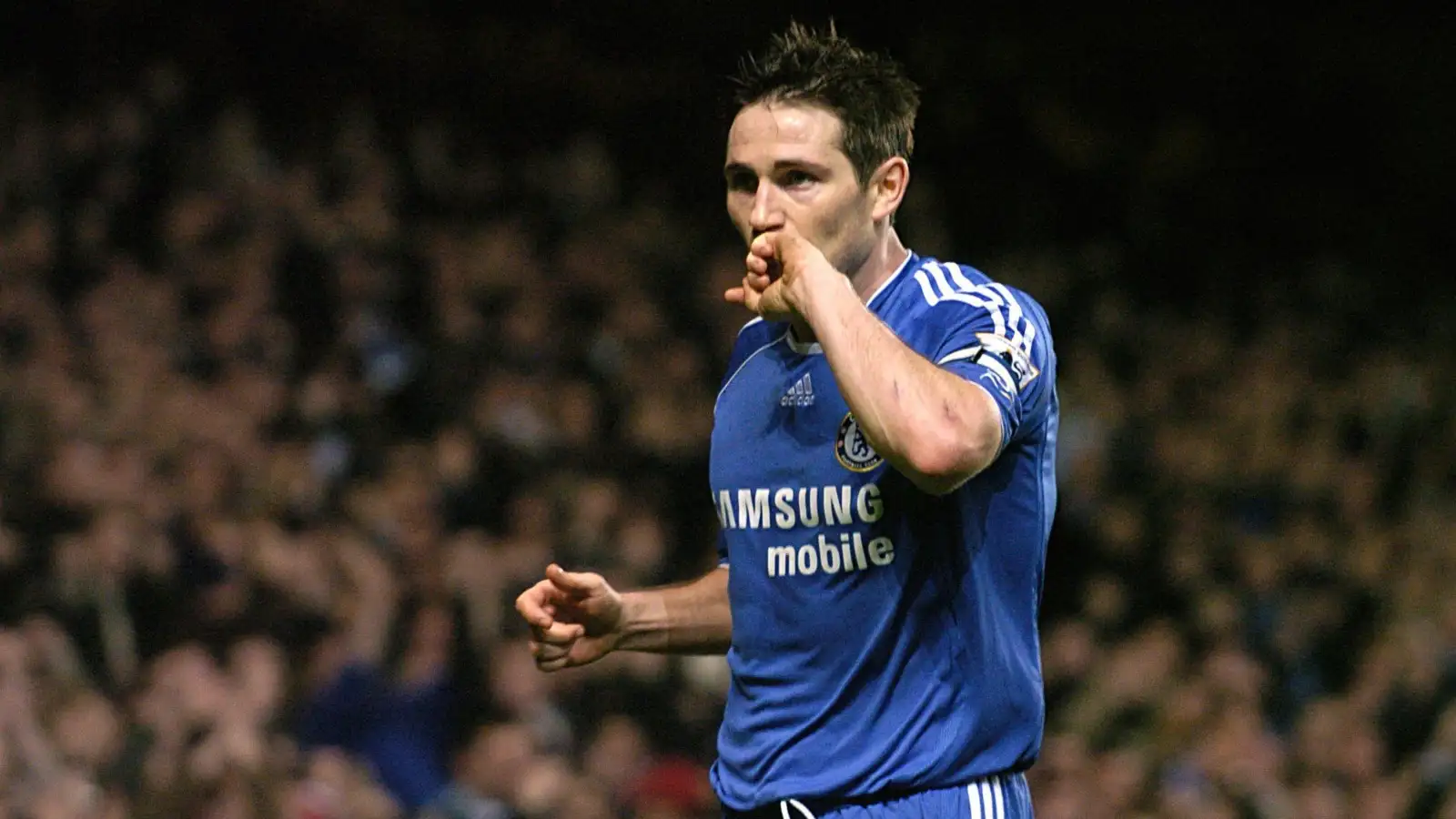 Chelsea midfielder Frank Lampard celebrates scoring in their Premier League match against Blackburn Rovers at Stamford Bridge, London, January 2007.