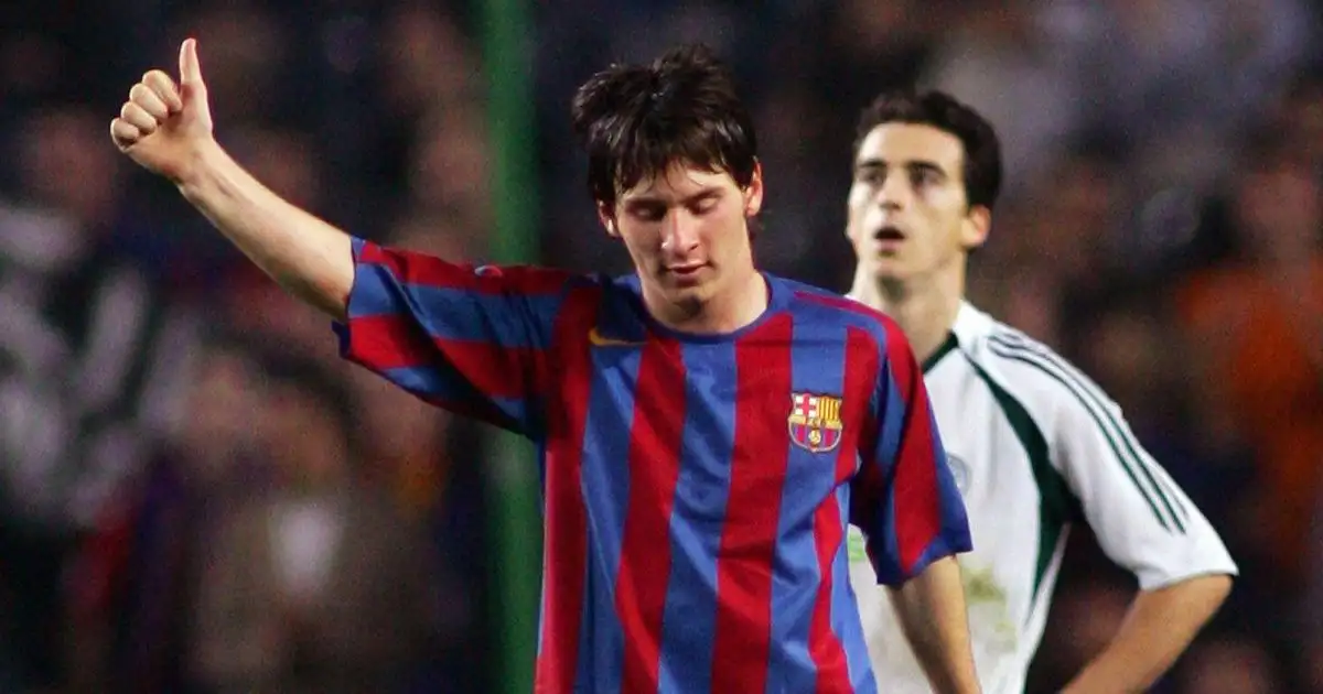 Barcelona's Lionel Messi celebrates his goal during their Champions League match at Nou Camp Stadium in Barcelona, Spain November 2, 2005.