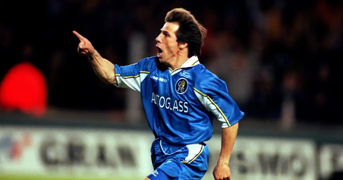 Chelsea's Gianfranco Zola celebrates after scoring against Stuttgart in the UEFA Cup Winners' Cup final. Rasunda Stadium, May 1998.