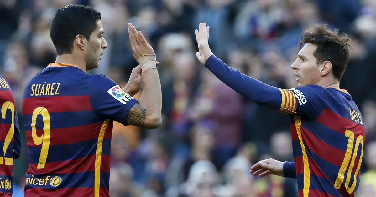 Barcelona's Lionel Messi (R) and Luis Suarez celebrate a goal against Granada, Barcelona v Granada - Spanish Liga - Camp Nou stadium, Barcelona, 9th January 2016