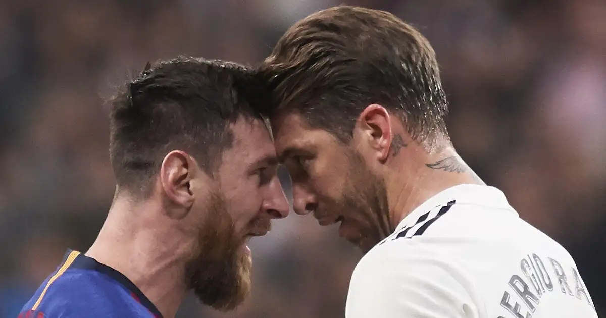 Lionel Messi and Sergio Ramos in action during La Liga match between Real Madrid and FC Barcelona at Santiago Bernabeu Stadium on March 3, 2019 in Madrid, Spain