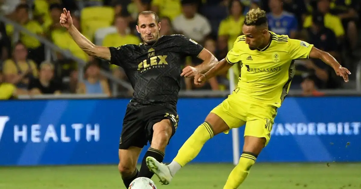 Hany Mukhtar and Giorgio Chiellini during the MLS game between Los Angeles FC and Nashville SC at Geodis Park in Nashville TN. July 17, 2022.