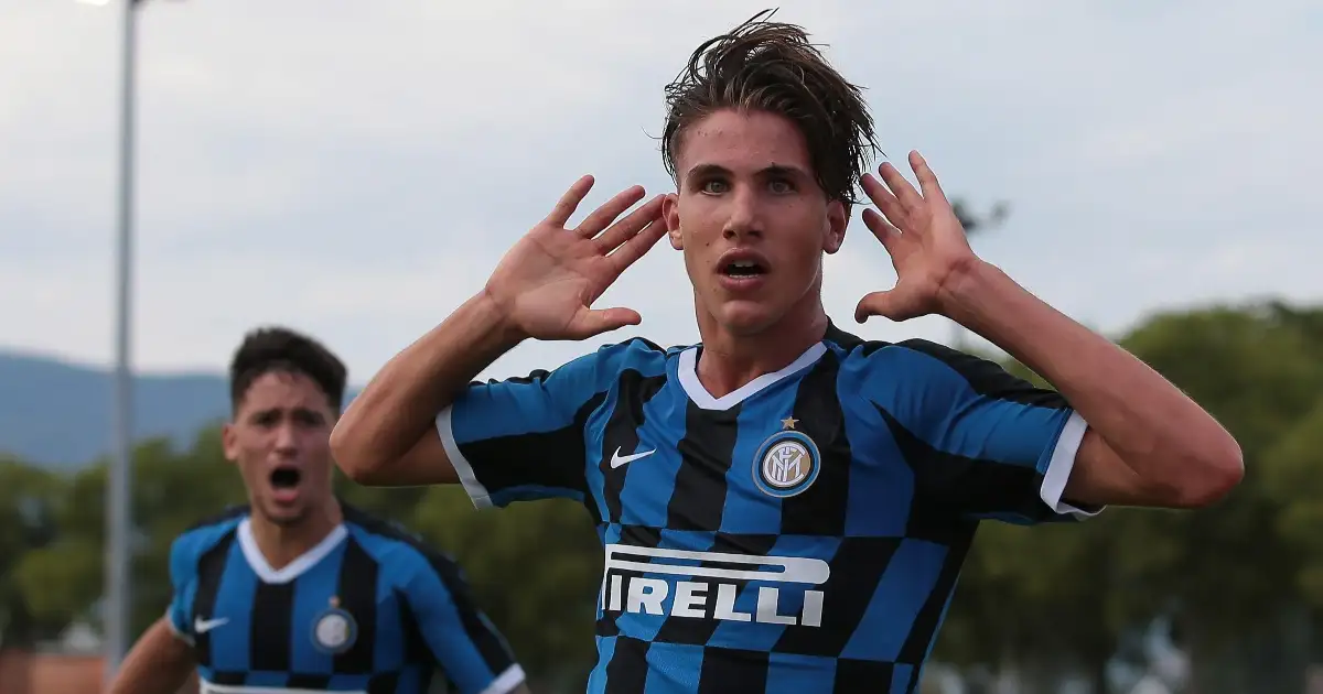 Cesare Casadei of Internazionale celebrates after scoring to give the side a 1-0 lead during the UEFA Youth League match at Colovray Sports Centre, Nyon. 16th August 2020