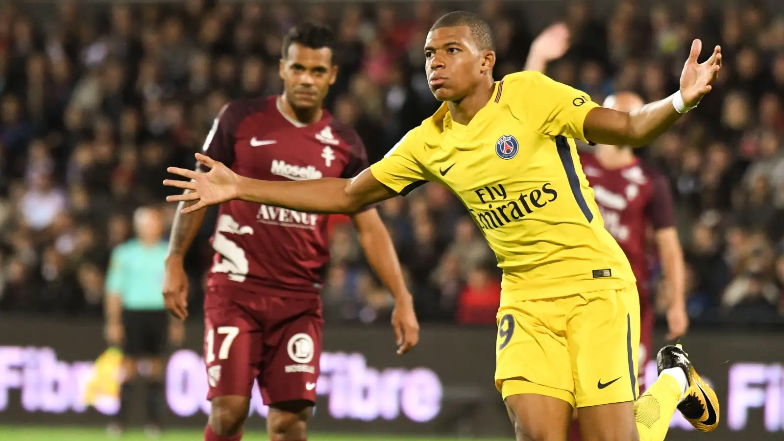 PSG striker Kylian Mbappe celebrates scoring in a 5-1 Ligue 1 victory away to Metz, Stade Saint-Symphorien, Metz, France, 8th September 2017