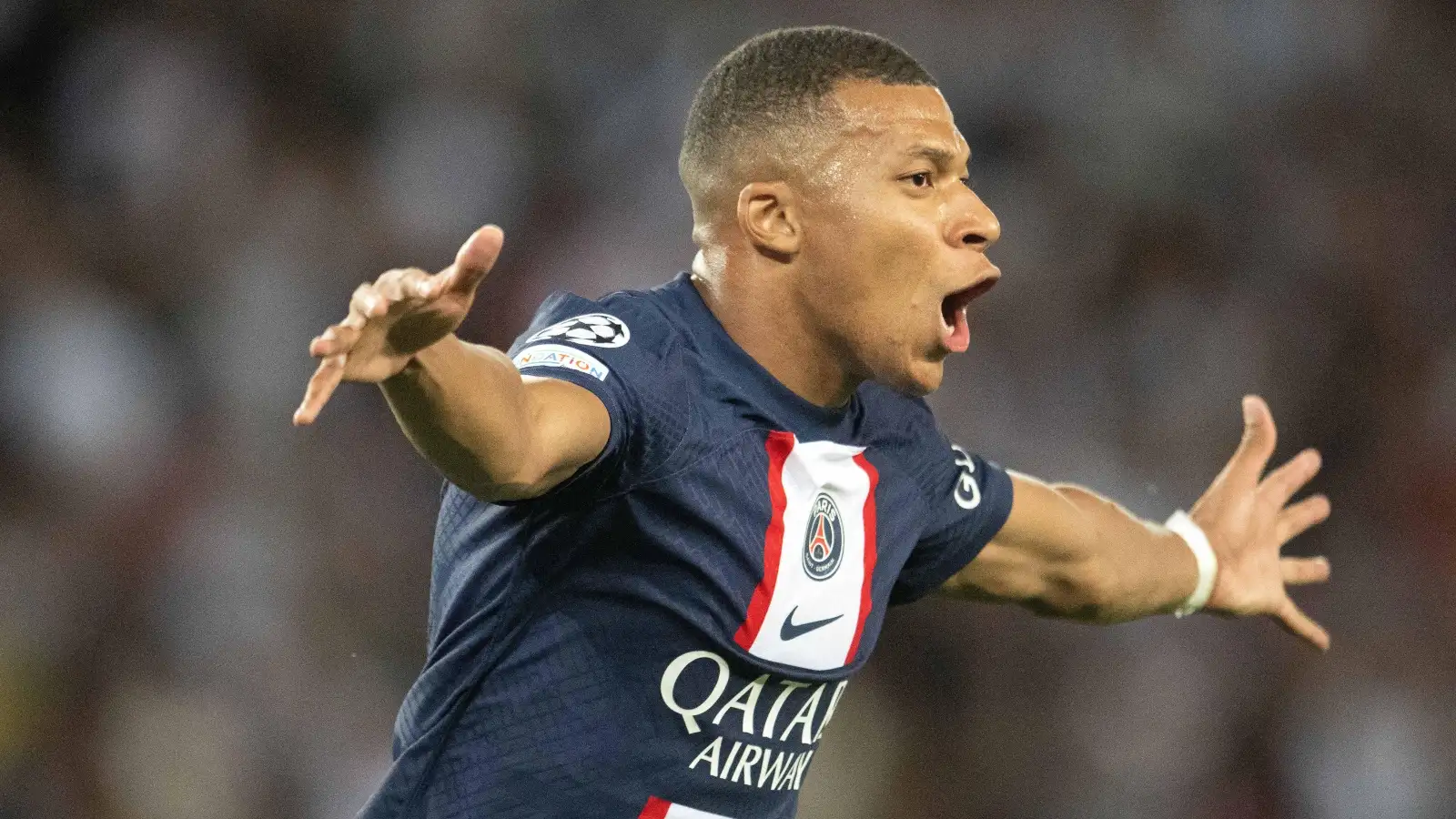 Kylian Mbappe of Paris Saint-Germain celebrates after scoring during the UEFA Champions League group H match between Paris Saint-Germain and Juventus at Parc des Princes, on September 6, 2022 in Paris, France.