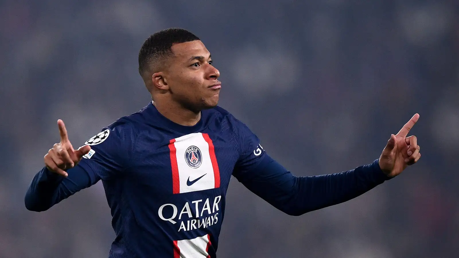 PSG's Kylian Mbappe celebrates scoring against Juventus in their UEFA Champions League match at Allianz Stadium, Turin, Italy, November 2022.