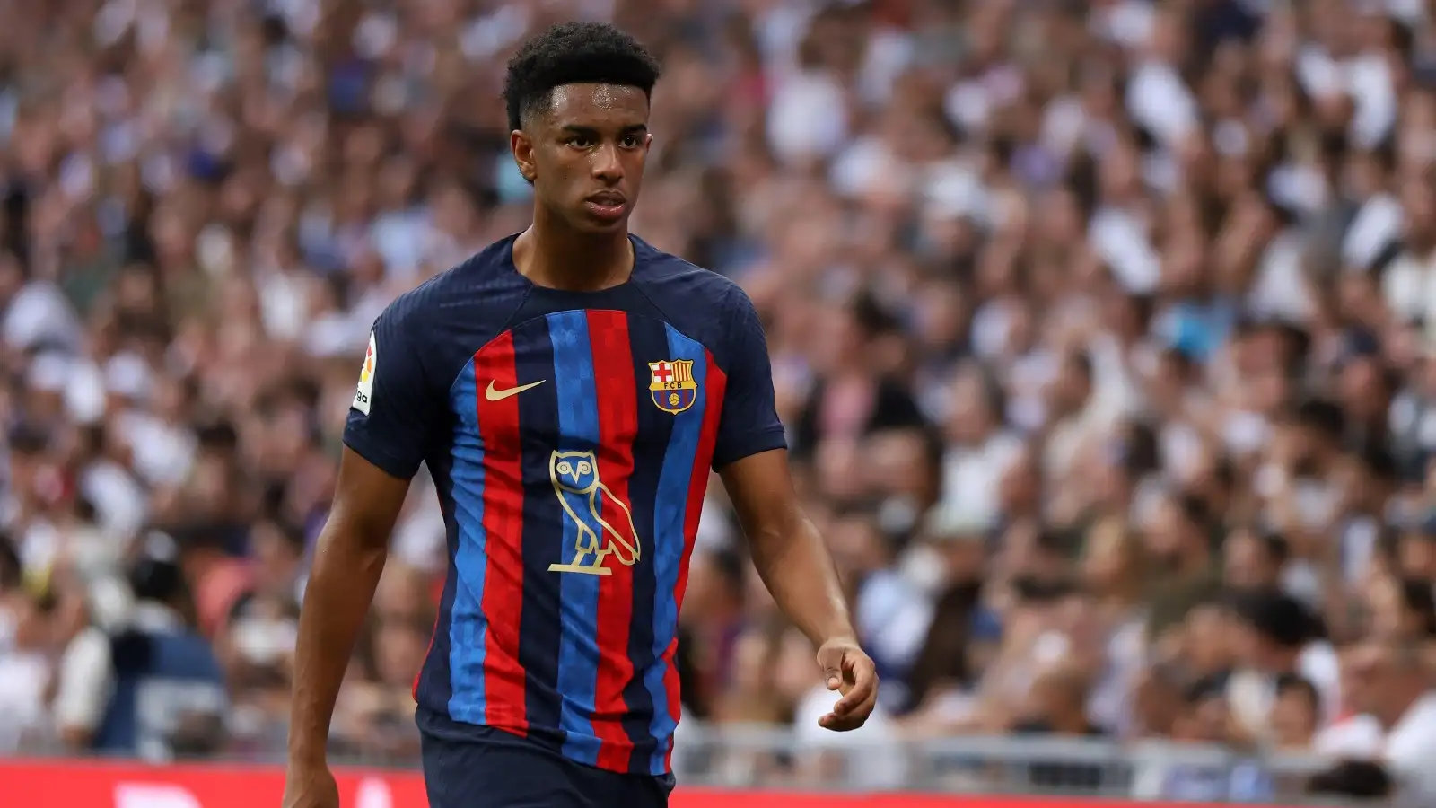 Alejandro Balde (FC Barcelona) looks during the La Liga Santander between Real Madrid and FC Barcelona at Santiago Bernabeu on 16 October 2022 in Barcelona.