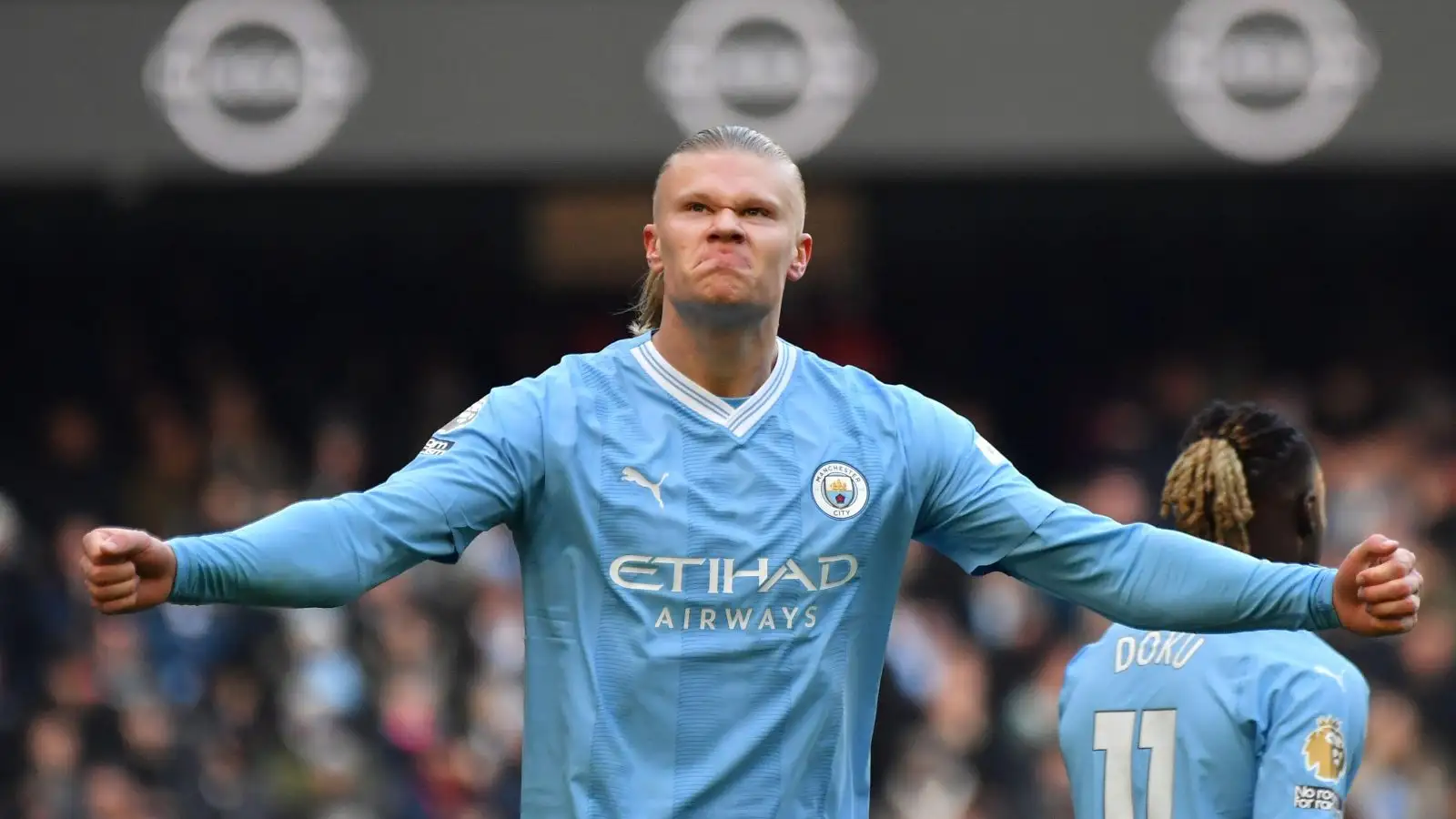 Manchester City's Erling Haaland celebrates after scoring his side's opening goal during the English Premier League soccer match between Manchester City and Liverpool at Etihad stadium in Manchester, England, Saturday, Nov. 25, 2023