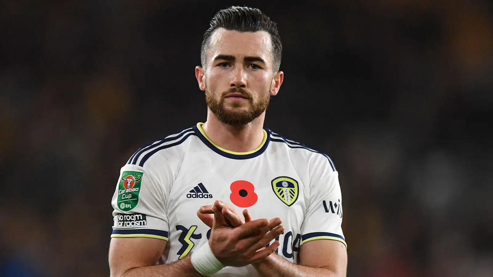 Jack Harrison #11 of Leeds United Applauds the travelling supporters