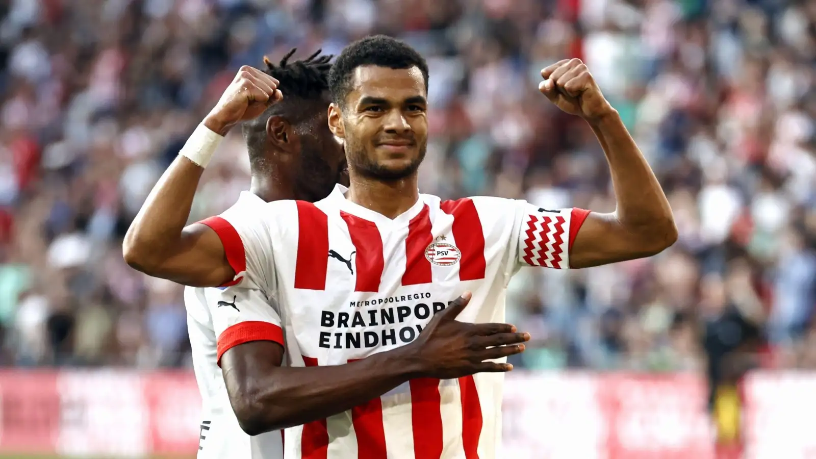 Cody Gakpo of PSV Eindhoven celebrates 2-0 during the Dutch Eredivisie match between PSV Eindhoven and FC Volendam at Phillips Stadium on August 31, 2022 in Eindhoven, Netherlands.