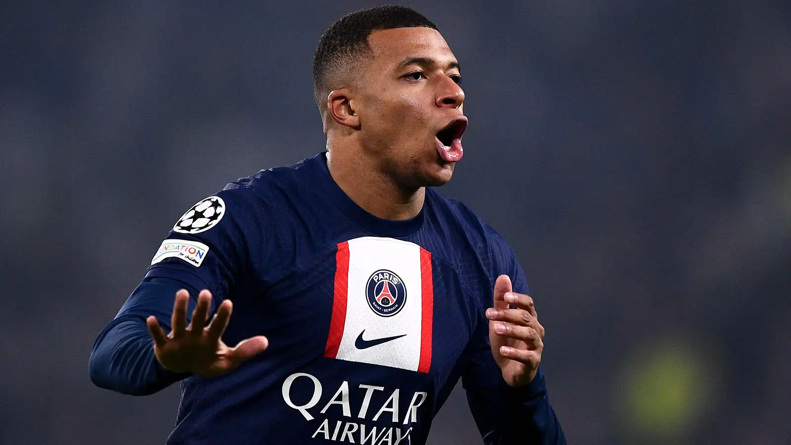 Kylian Mbappe of Paris Saint-Germain FC celebrates after scoring the opening goal during the UEFA Champions League football match between Juventus FC and Paris Saint-Germain FC